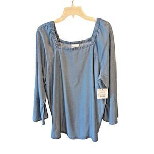 Liz Claiborne Womens Shirt Large Soft Denim Look Top Ruffled Bell Sleeve NWT